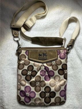 Coach Beige Crossbody Bag with Purple and Brown Signature Print
